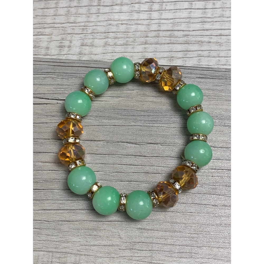Mint Green and Amber Beaded Stretch Bracelet with Rhinestone Spacers 4520 - Picture 4 of 6